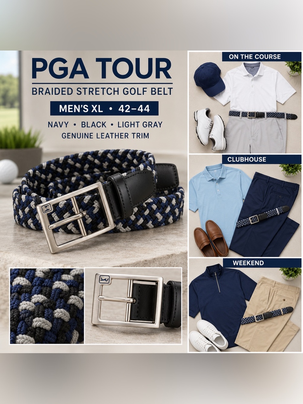 PGA TOUR Braided Stretch Golf Belt Navy Black Gray XL 42–44